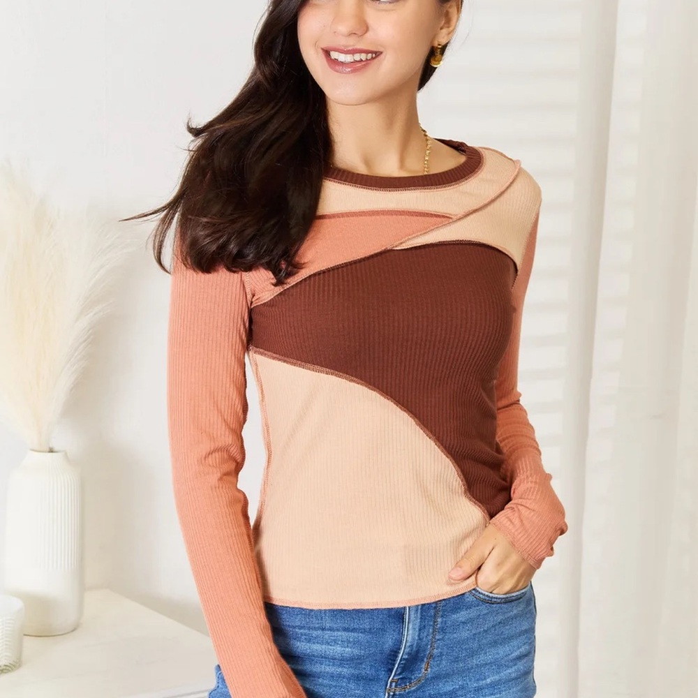 Double Take Colorblock Exposed Seam Long Sleeve Top